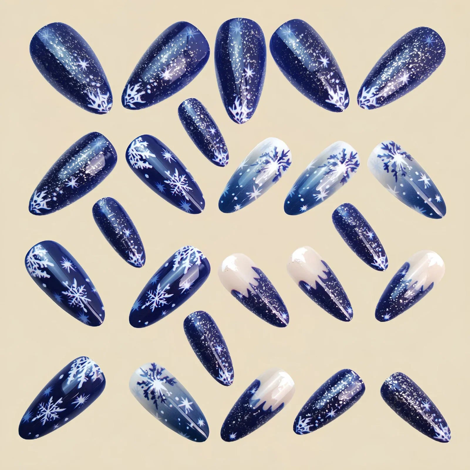 Gradient Blue Almond Fake Nails 24Pcs Christmas Nails Press On Acrylic False Nails Snowflake Printed Women Charm Manicure