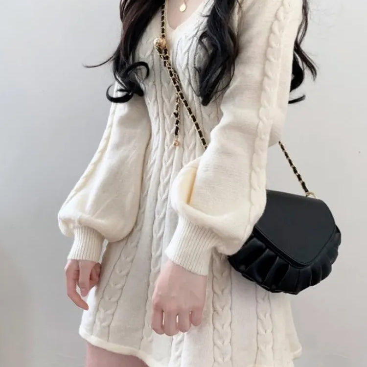Knit Knitted Sweater Mini Dress Women Casual Lantern Sleeve Short Dresses Autumn Winter V-neck Outfits Female