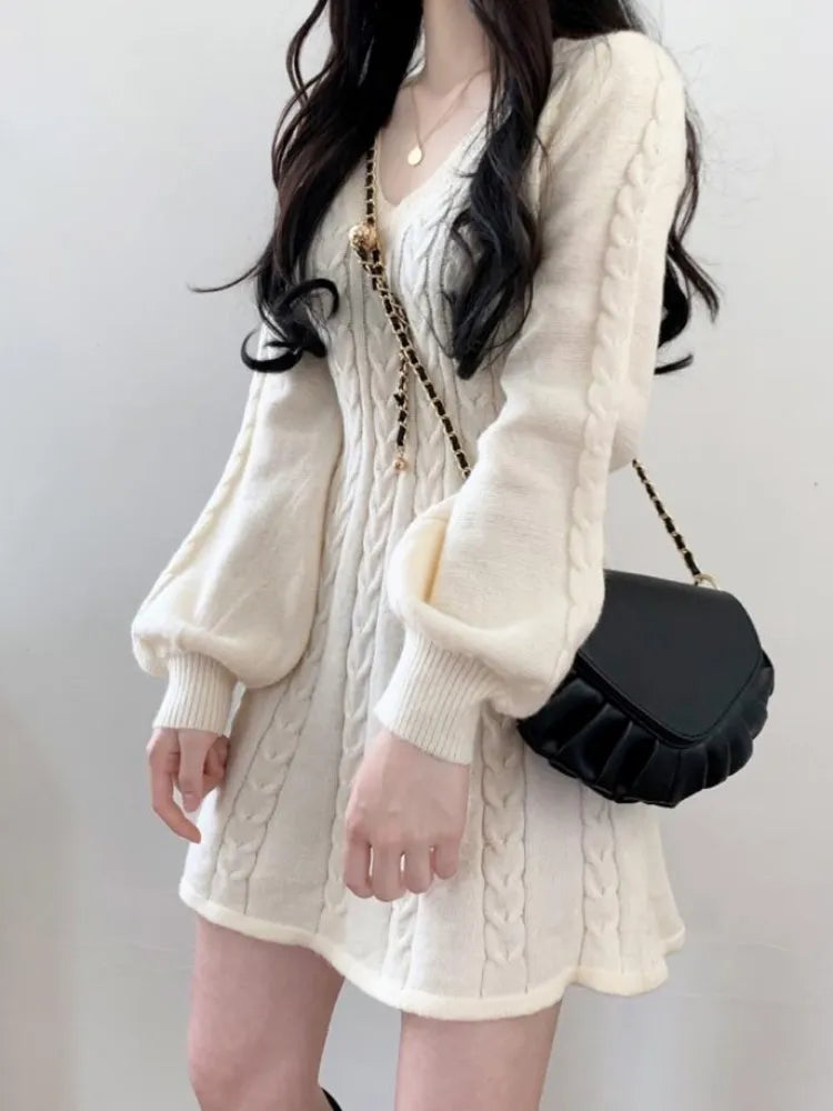 Knit Knitted Sweater Mini Dress Women Casual Lantern Sleeve Short Dresses Autumn Winter V-neck Outfits Female