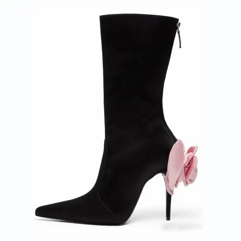 ビッグサイズ34-46秋の冬の新しいファッションフラワーショートブーツジップ薄いハイヒールポインドトゥーセクシーなポンプ女性靴ピンクレッド