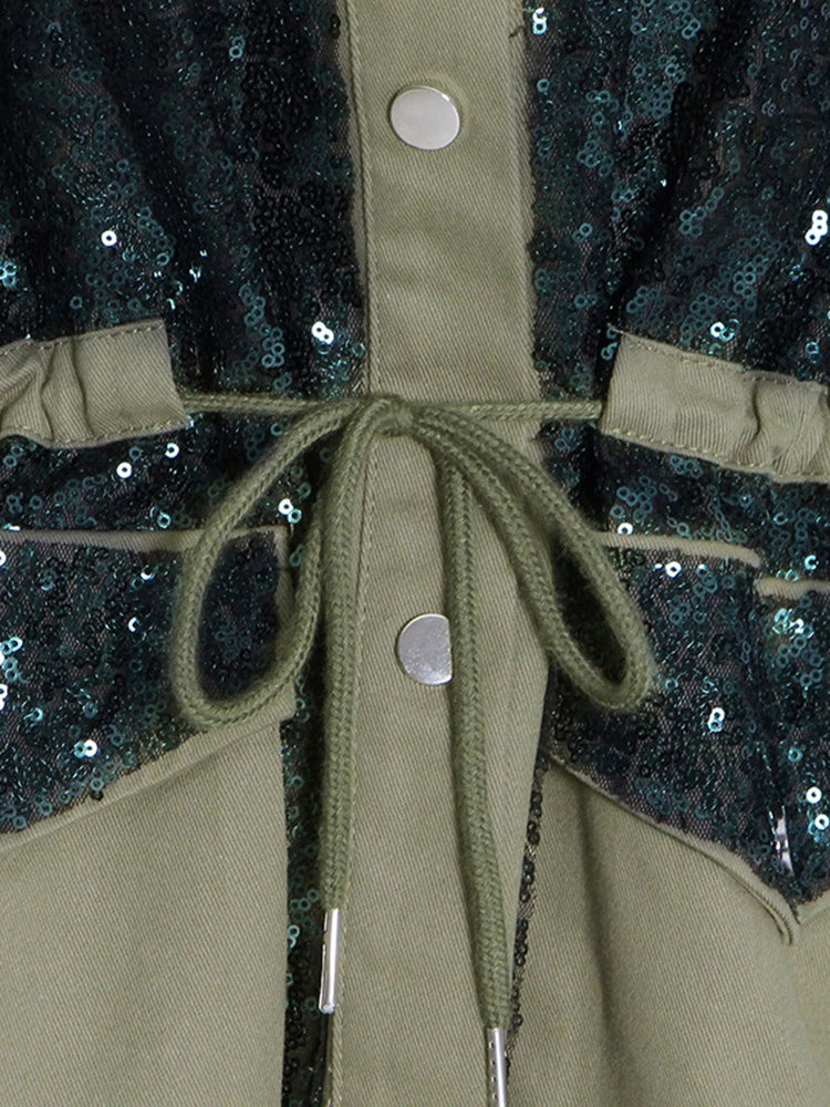 Patchwork Sequins Casual Loose Coats For Women Lapel Long Sleeve Spliced Pockets Colorblock Streetwear Coat Female Fashion