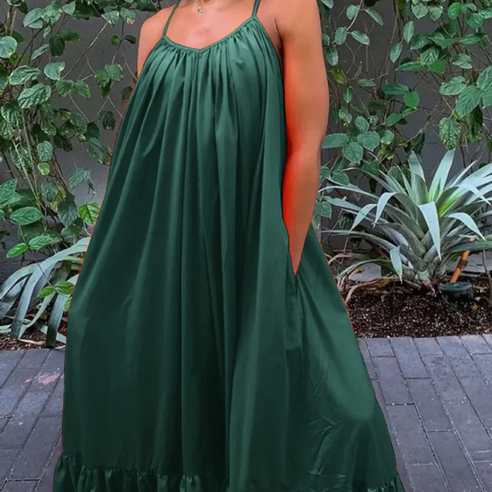 CMYAYA Women Summer Long Maxi Dress Sexy Sleeveless Strap Loose Beach Party Night Club Bandage Female S-5XL Dresses Vestido Dark Green