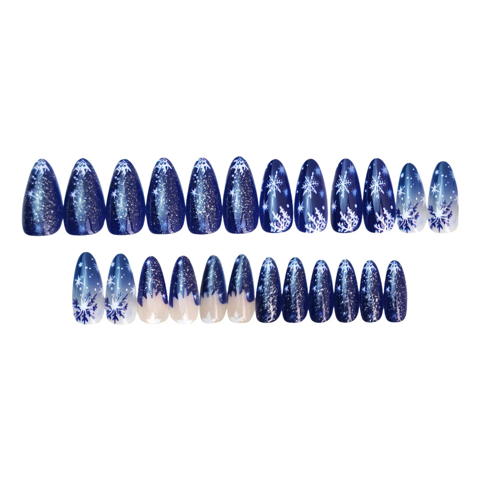 Gradient Blue Almond Fake Nails 24Pcs Christmas Nails Press On Acrylic False Nails Snowflake Printed Women Charm Manicure