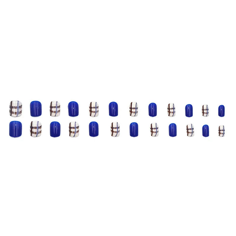 24Pcs Blue Plaid Pattern Press on Nails New Premium Short Style Versatile Design Nails Perfect Gift for Women and Friends