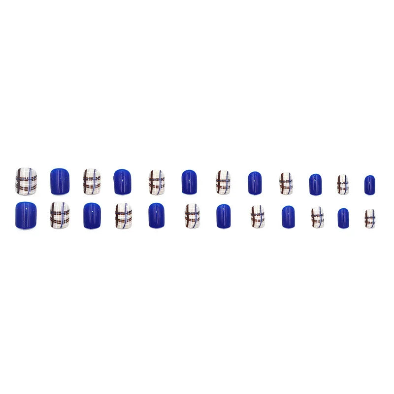 24Pcs Blue Plaid Pattern Press on Nails New Premium Short Style Versatile Design Nails Perfect Gift for Women and Friends