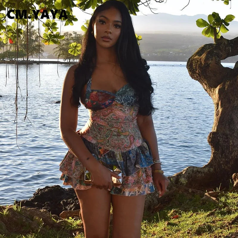 CM.YAYA Women Halter Sleeveless Strapless Ruffles tiered Mini Dress 2025 Summer Holiday Sexy Beach Party Birthday Street Dresses