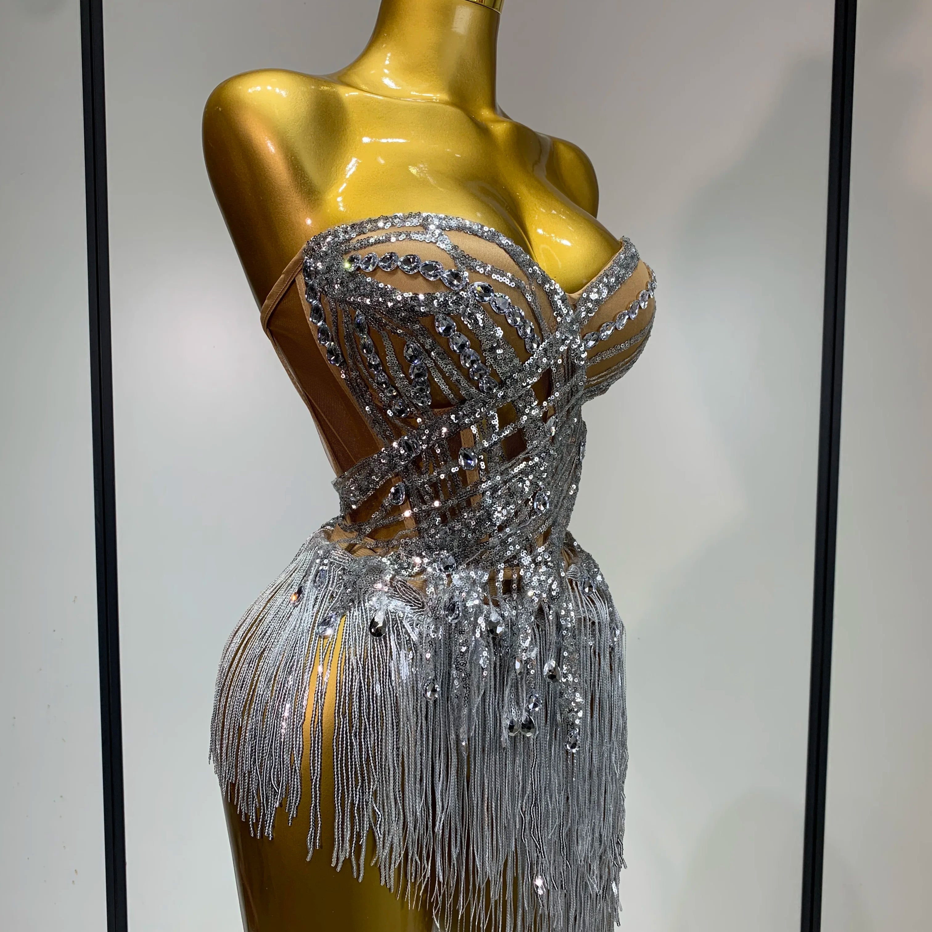 Women Sexy Singer Dancer Performan Costume Nightclub Bar Girl Sparkly Diamond Tassel Two Piece Set Evening Party Outfit