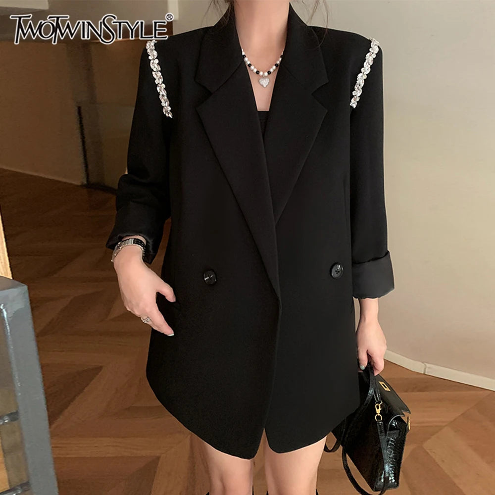 TWOTWINSTYLE Solid Loose Spliced Button Casual Jackets for Women Lapel Long Sleeves Patchwork Bead Jacket Female Fashion Clothes