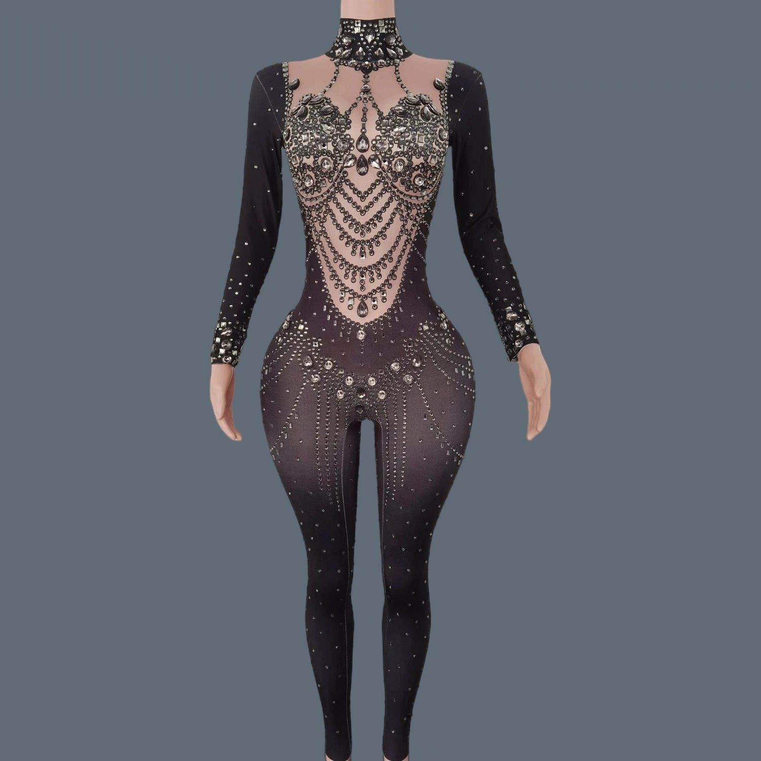 Luxury Rhinestones Long Sleeve Bodycon Pink Jumpsuit Sexy Singer Stage Show Spandex Costume Black Girls Club Jumpsuit Fensehuiyi