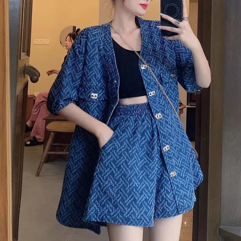 Summer New Printing Ladies Suits Fashion Loose Short Sleeve Button Cardigan and Elastic Waist Casual Pockets All-match Shorts