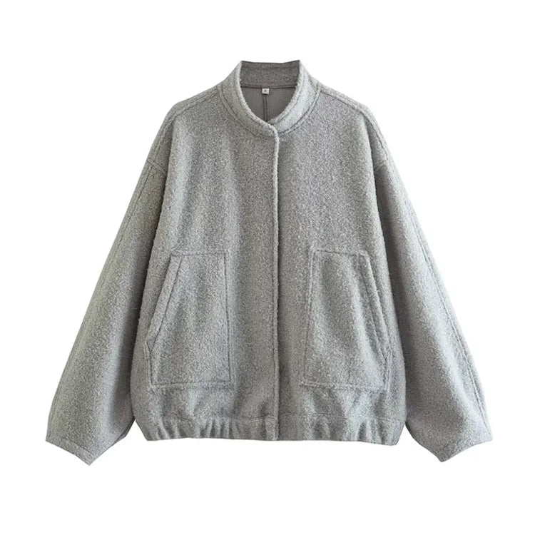 Women Fashion With Pockets Oversized Bomber Jacket Coat Vintage Long Sleeve Snap Button Female Outerwear Chic Tops as picture 2