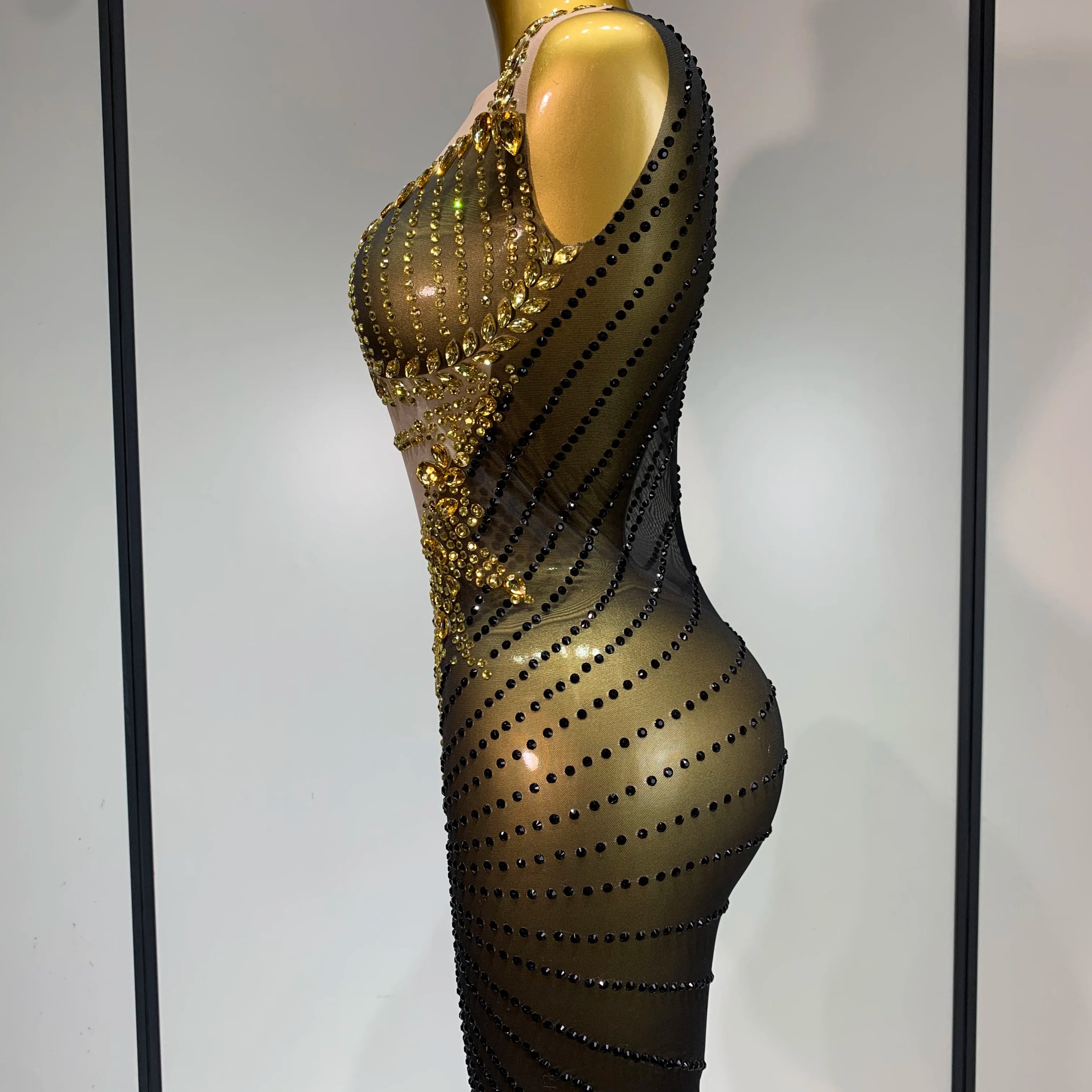 Sparkly Gold Rhinestone Transparent Sleeveless Mini Dress Evening Birthday Celebrate Party Nightclub Dance Performance Outfit