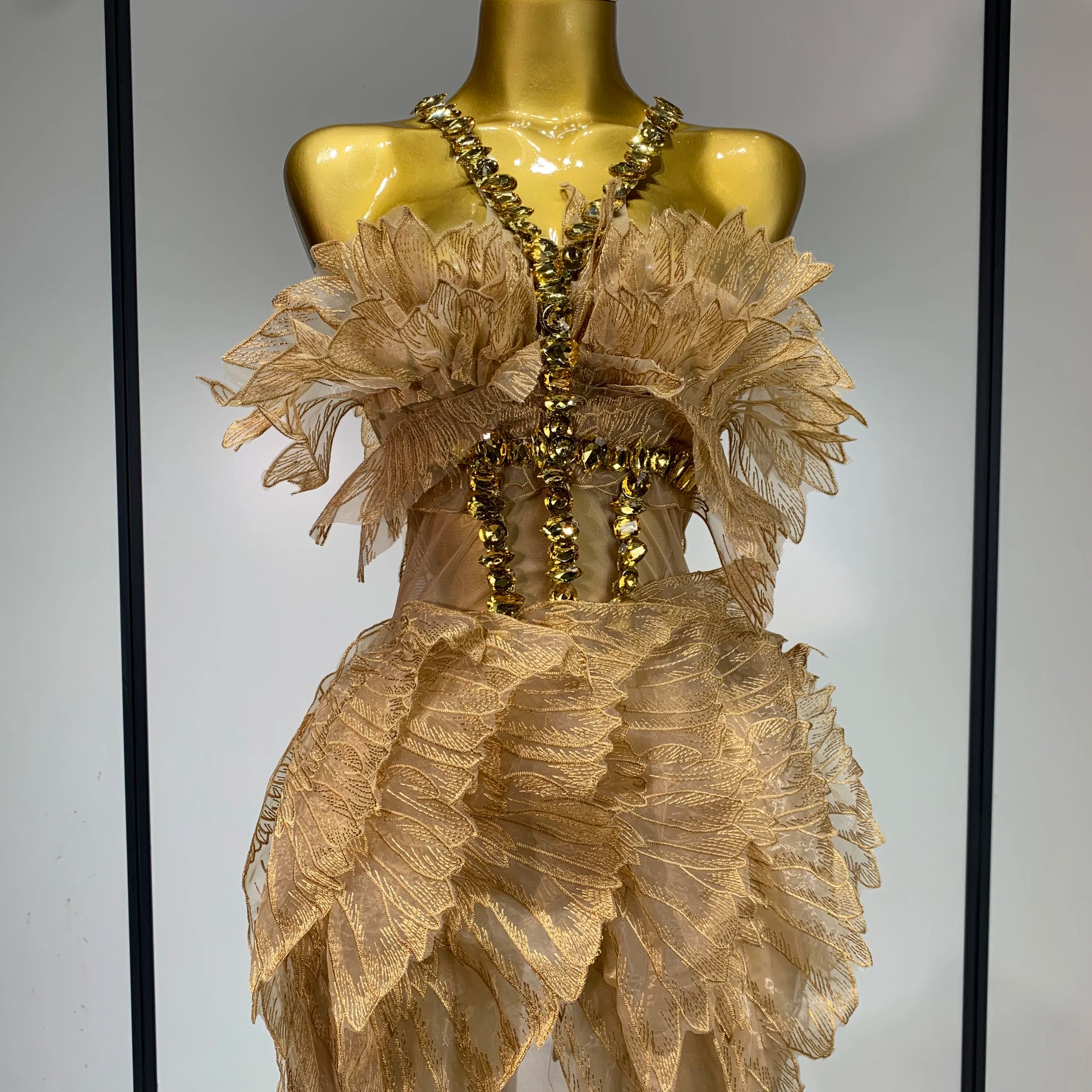 Luxury Birthday Dress Women Sexy White Crystal Transparent Wings Mini Dress Nightclub Evening Party Singer Stage Perform Costume