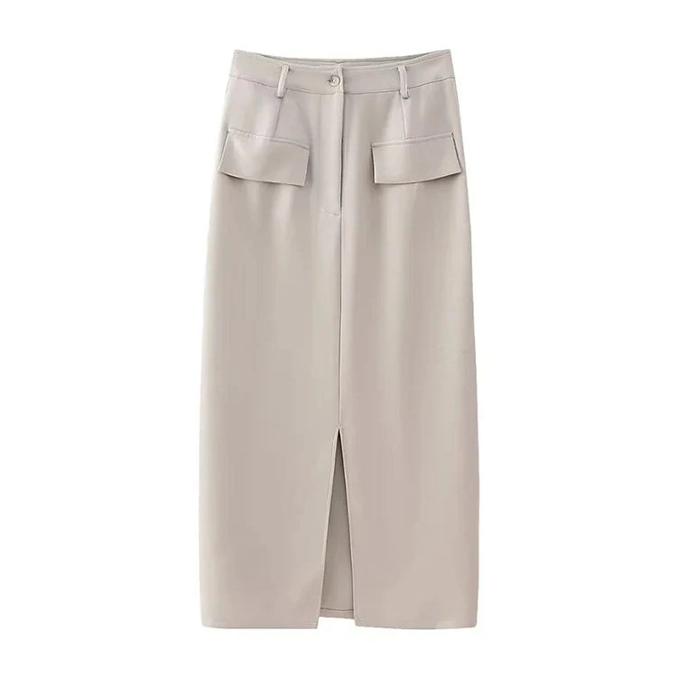 Feamle Casual High Waist Solid Summer Slit Long Skirt Femme Womens Spring Fashion Two Pockets Straight Slim Skirts as photo 1