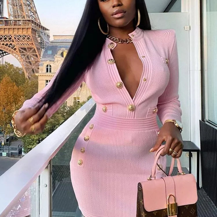 Winter Style Sexy Long Sleeve Key Hole Button Pink Mini Women Bodycon Bandage Dress Elegant Evening Club Party Dress