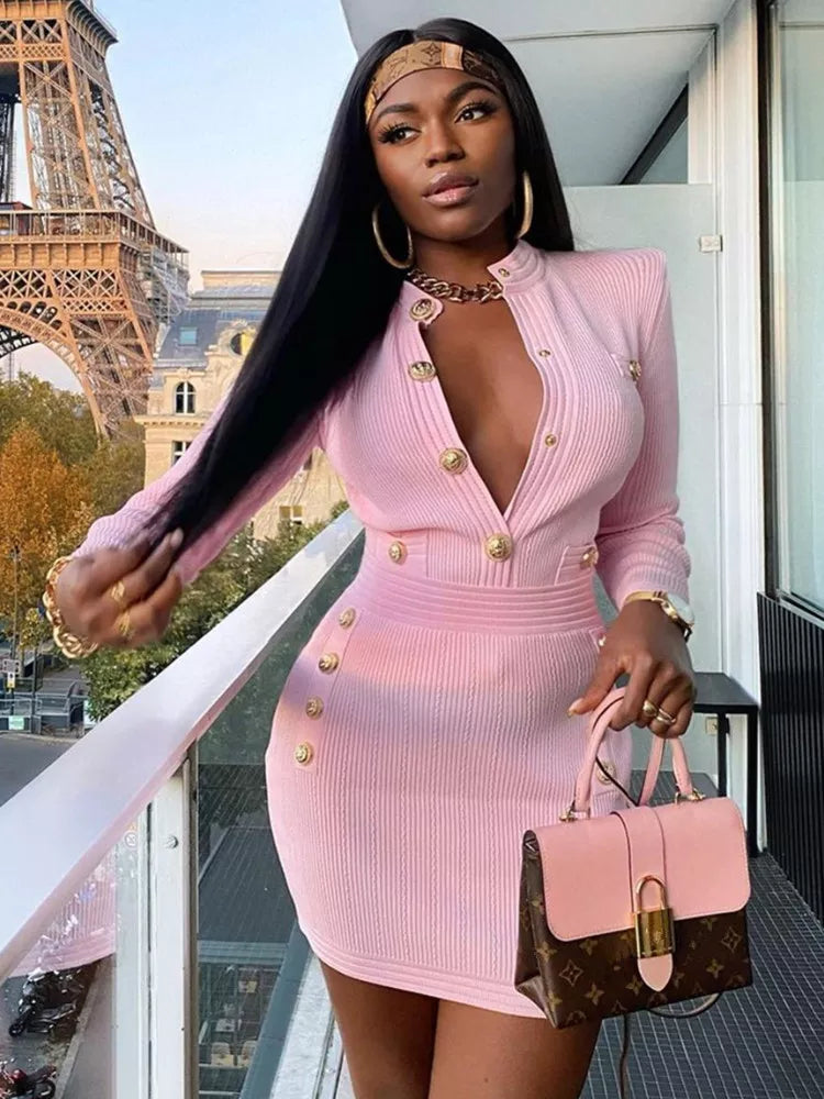 Winter Style Sexy Long Sleeve Key Hole Button Pink Mini Women Bodycon Bandage Dress Elegant Evening Club Party Dress