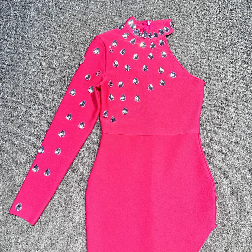 Rosered Color Women Sexy One Shoulder Big Crystal Bodycon Long Bandage Dress Celebrate Evening Party Birthday Fashion Dress