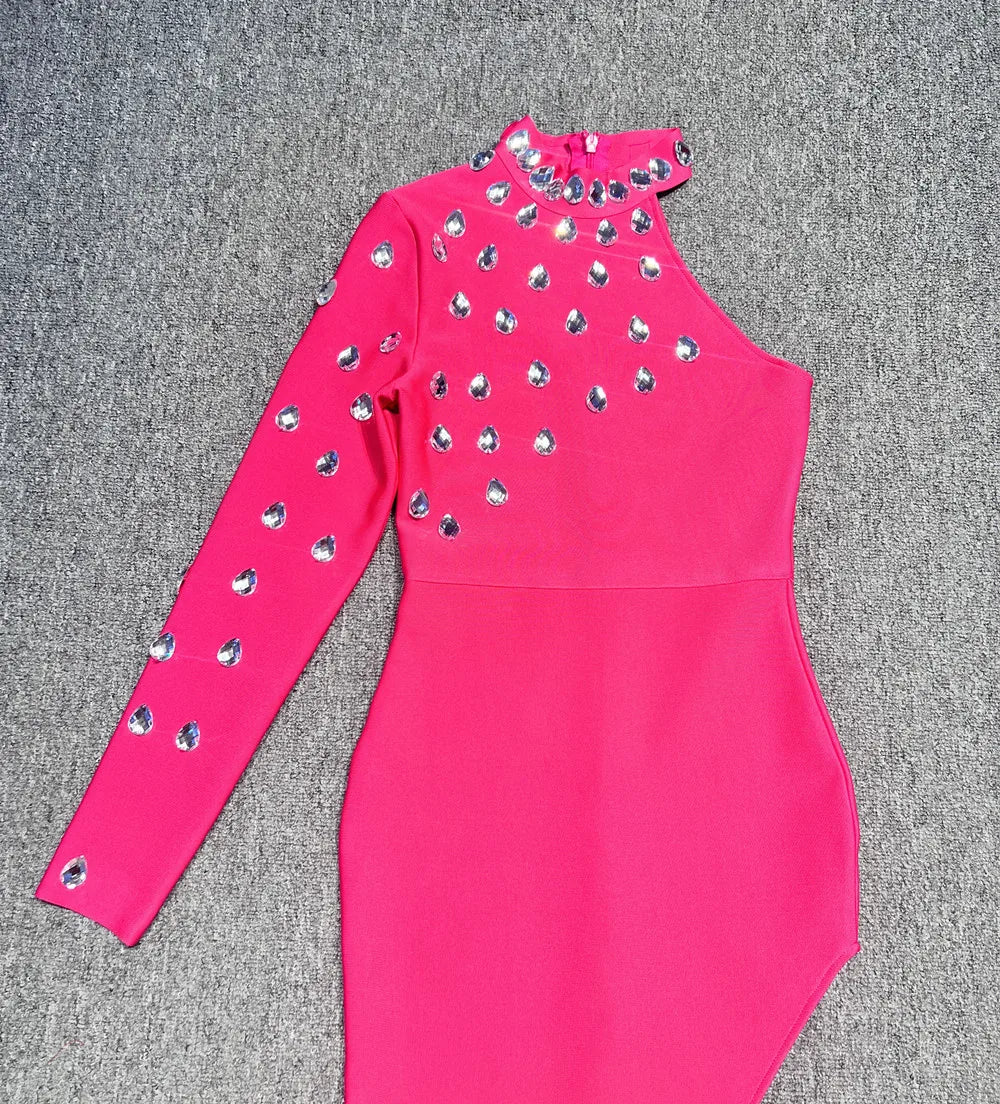 Rosered Color Women Sexy One Shoulder Big Crystal Bodycon Long Bandage Dress Celebrate Evening Party Birthday Fashion Dress