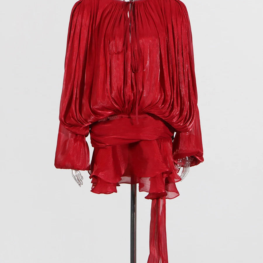 TWOTWINSTYLE Solid Loose Spliced Folds Elegant Dresses for Women Round Neck Long Sleeves Patchwork Lace Up Tunic Dress Female