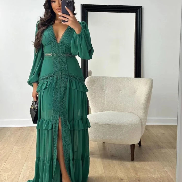 CM.YAYA Women V-neck Full Sleeve Ruffles Lace Long Maxi Dress 2025 Spring Beach Holiday Party Sexy Street Vestidos Sexy Dresses