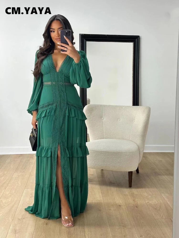 CM.YAYA Women V-neck Full Sleeve Ruffles Lace Long Maxi Dress 2025 Spring Beach Holiday Party Sexy Street Vestidos Sexy Dresses