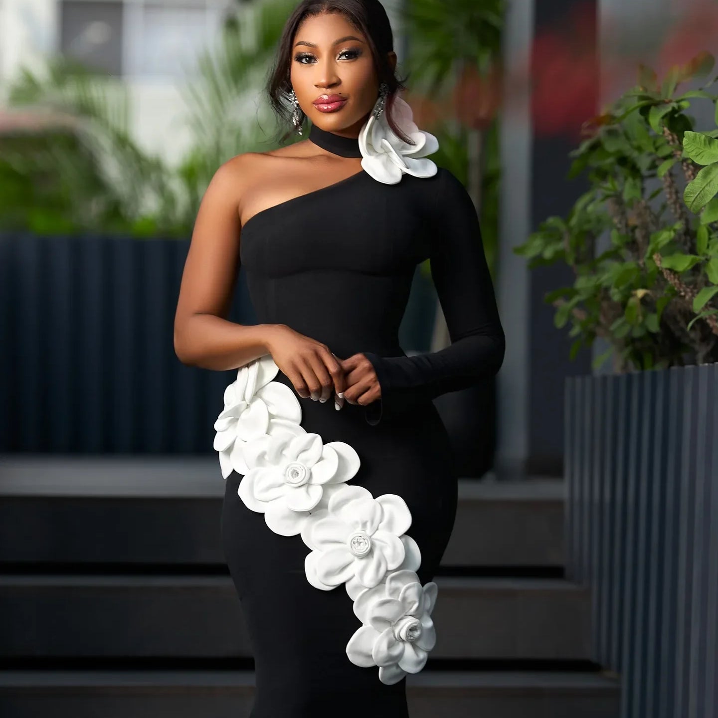 Black Color Women Sexy Long Sleeve One Shoulder White Florals Bodycon Long Bandage Dress Celebrate Evening Party Birthday Wear