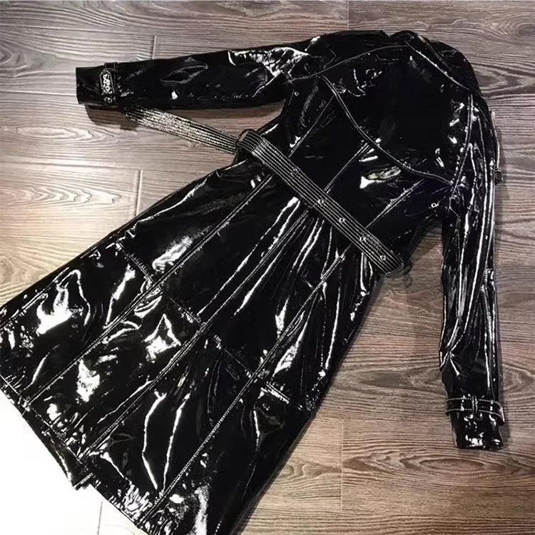 Autumn Long Shiny Reflective Patent Faux Leather Trench Coat for Women Sashes Double Breasted Runway European Fashion