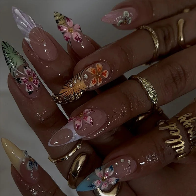 24Pcs Mid-length French Almond Press on Nails Tips 3D Colorful Flower Butterfly Insect Fake Nail Rhinestone Reusable False Nails