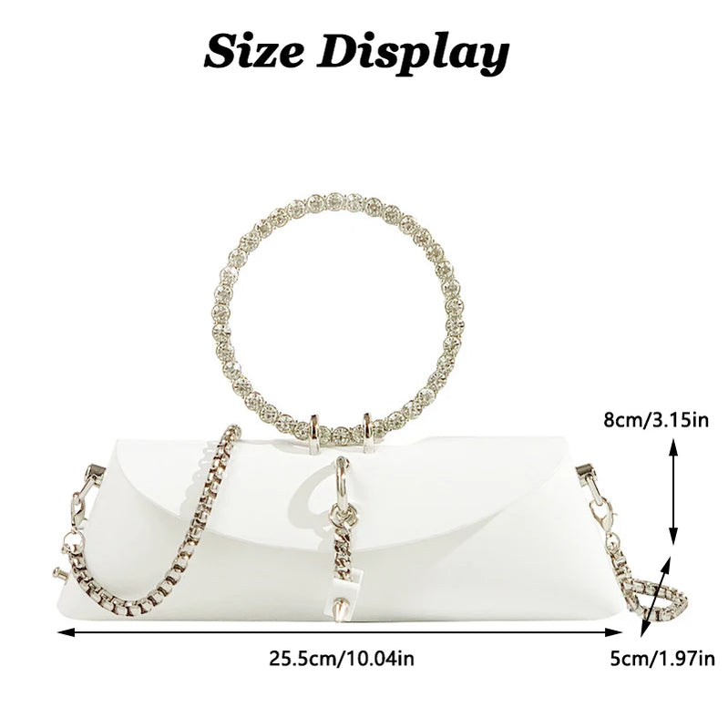 Clutch Bag Luxury Designer Handbag for Women with Chain Metal Ring Handle PU Leather Rhinestones Purses Shoulder Bag