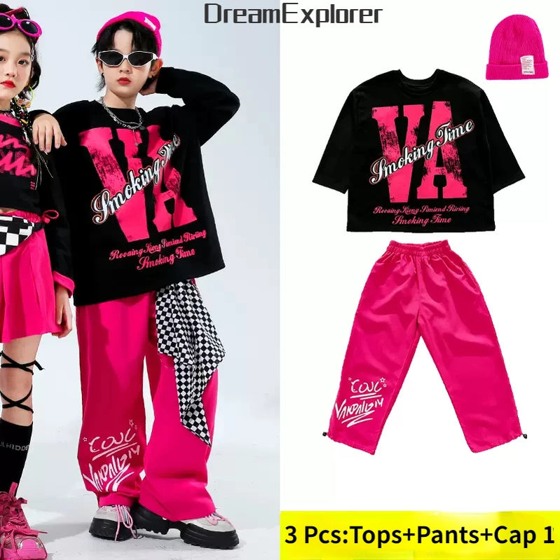 Girls Hip Hop Crop Top Street Dance Skirts Boys Cool Sweatshirt Pink Cargo Pants Child Streetwear Kids Jazz Costumes Clothes Set Sweatshirt 3 Pcs A