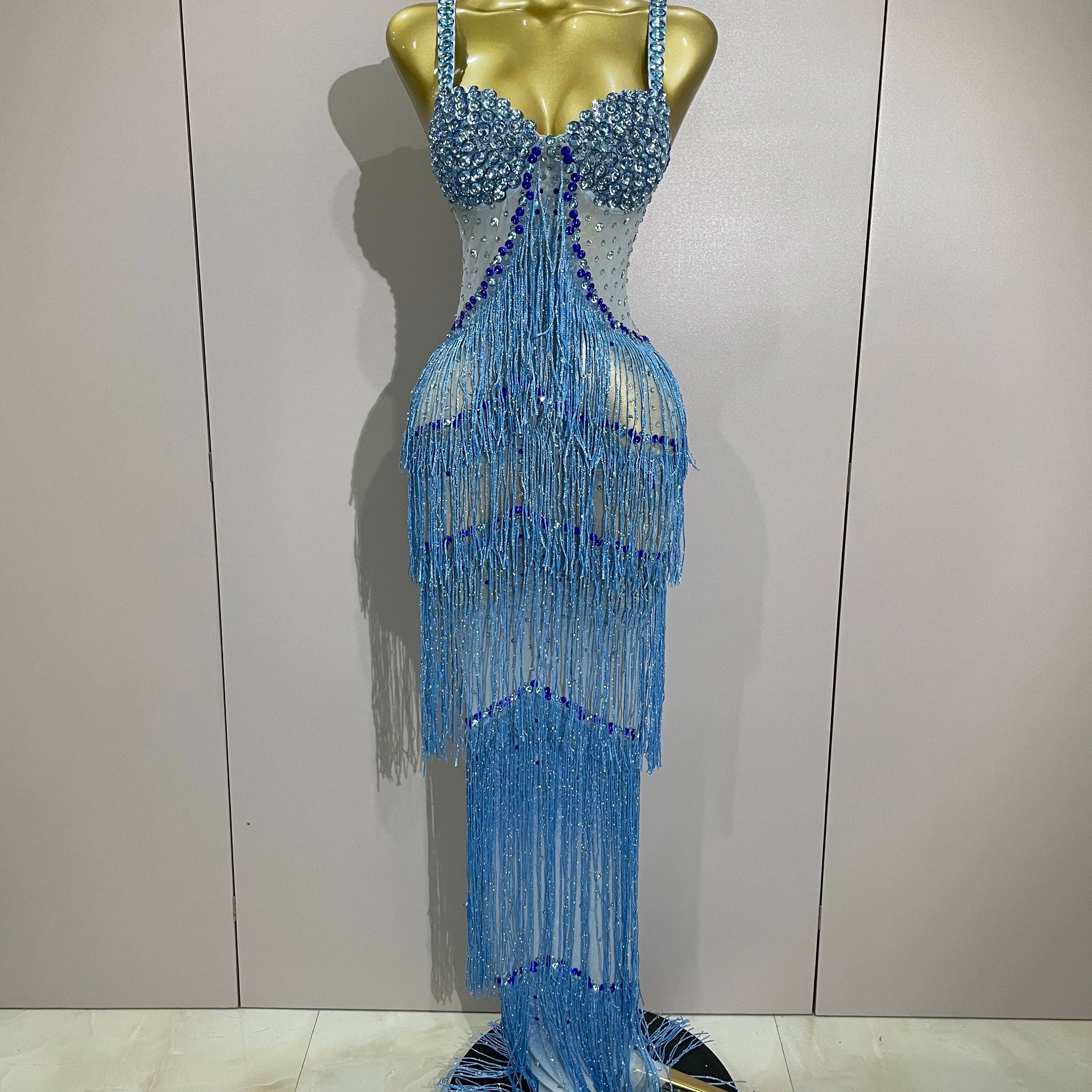 2025 Sparkly Rhinestones Tassel sexy Mesh Slip Long Dress Women Celebrate Evening Prom Birthday paty Dress Photoshoot Stage Wear
