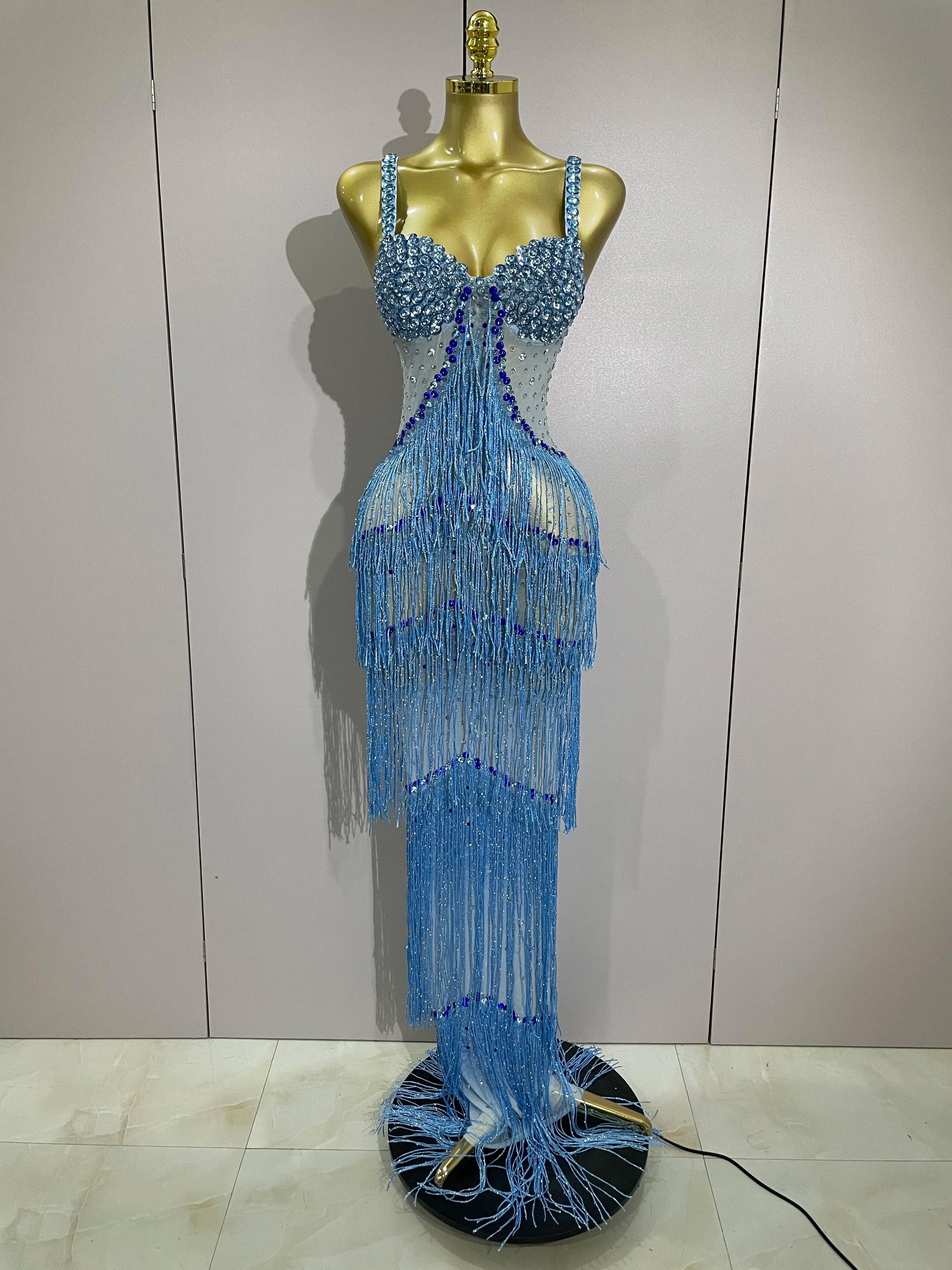 2025 Sparkly Rhinestones Tassel sexy Mesh Slip Long Dress Women Celebrate Evening Prom Birthday paty Dress Photoshoot Stage Wear