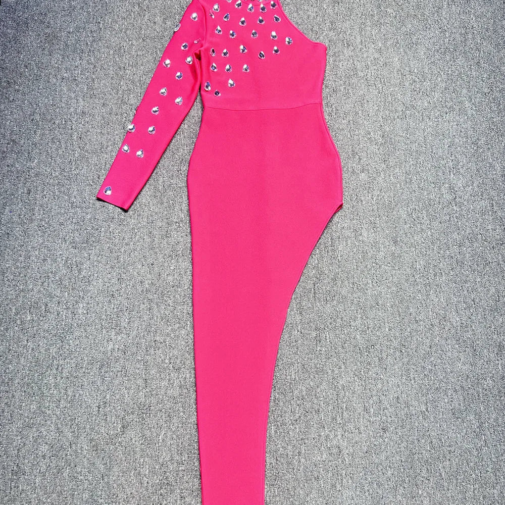 Rosered Color Women Sexy One Shoulder Big Crystal Bodycon Long Bandage Dress Celebrate Evening Party Birthday Fashion Dress