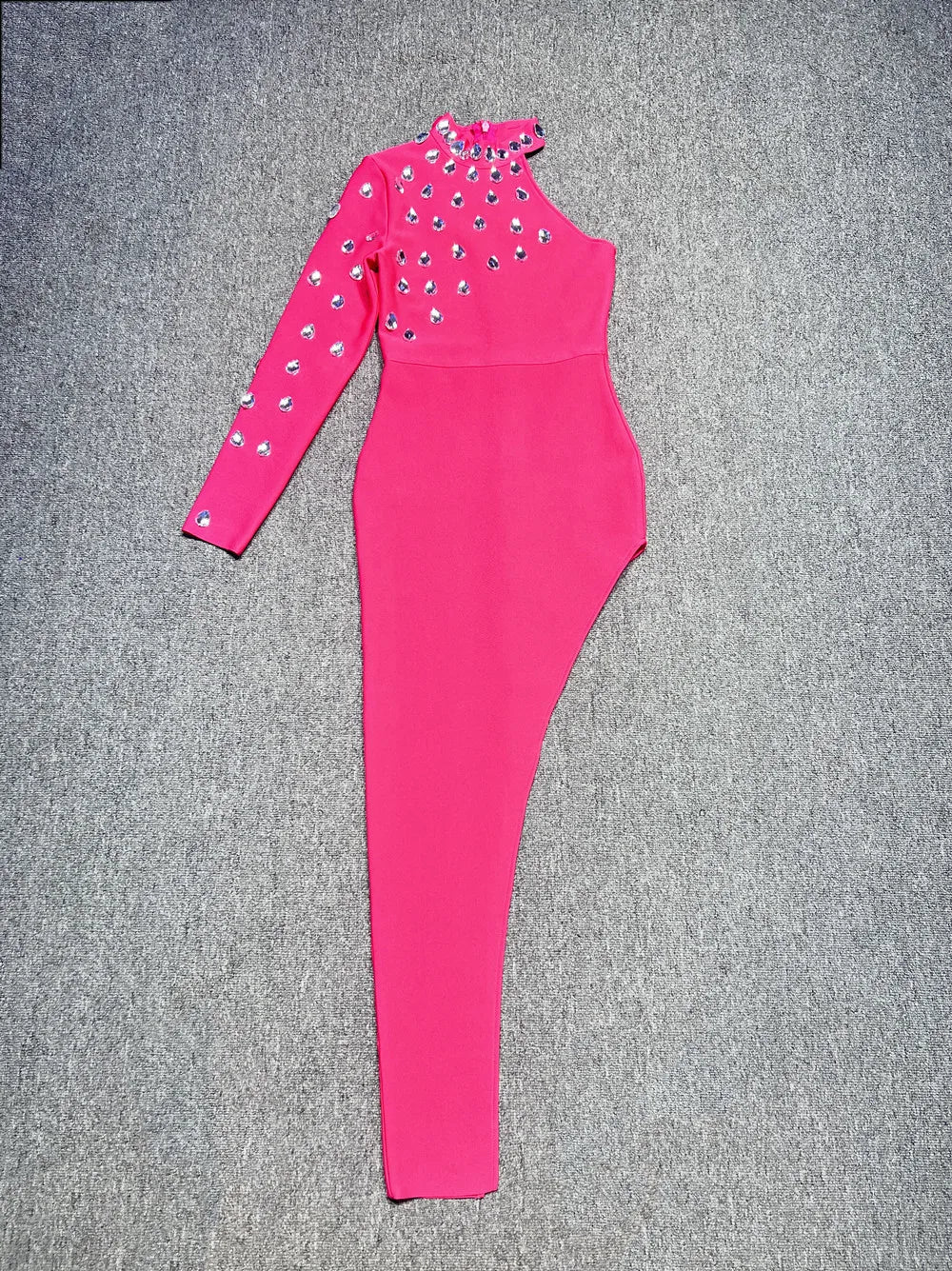 Rosered Color Women Sexy One Shoulder Big Crystal Bodycon Long Bandage Dress Celebrate Evening Party Birthday Fashion Dress