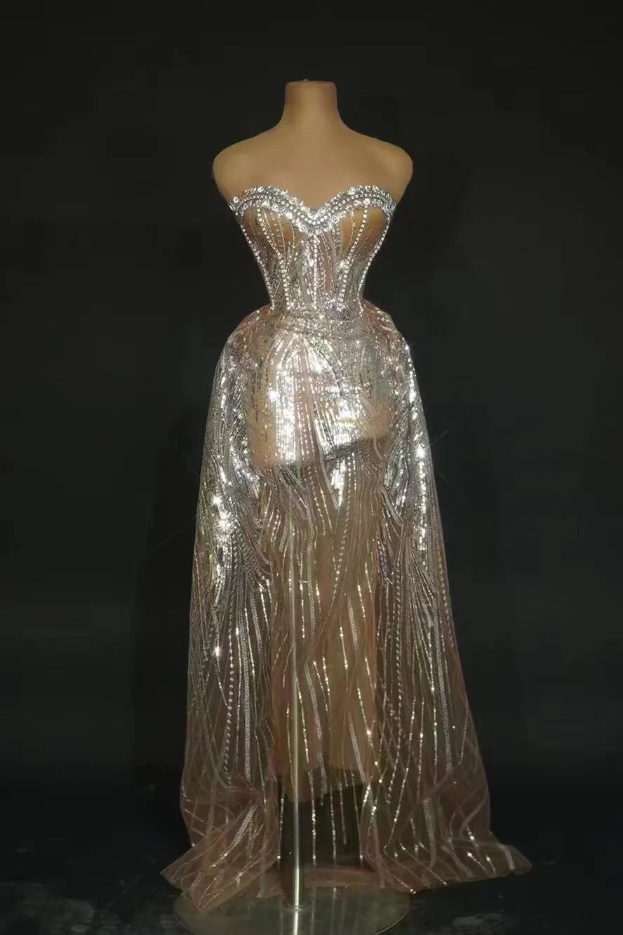 Silver Sparkly Crystal Women Strapless Laced-up 2 Pieces Long Dress Celebrate Birthday Photo Shoot Performance