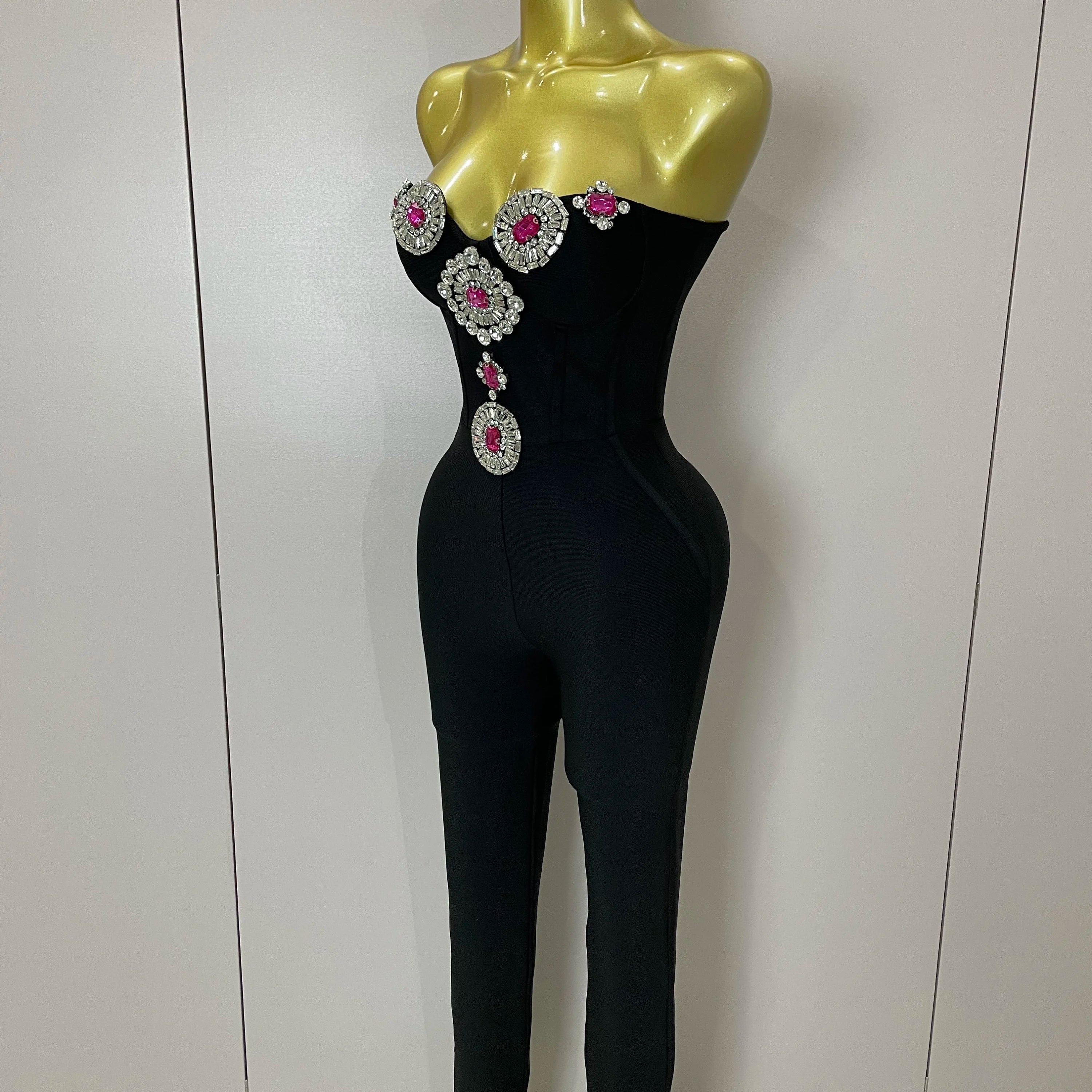 Luxury Sexy Strapless Backless Crystal Diamonds Black Bodycon Bandage Jumpsuit 2025 Women Celebrity Designer High Street Rompers