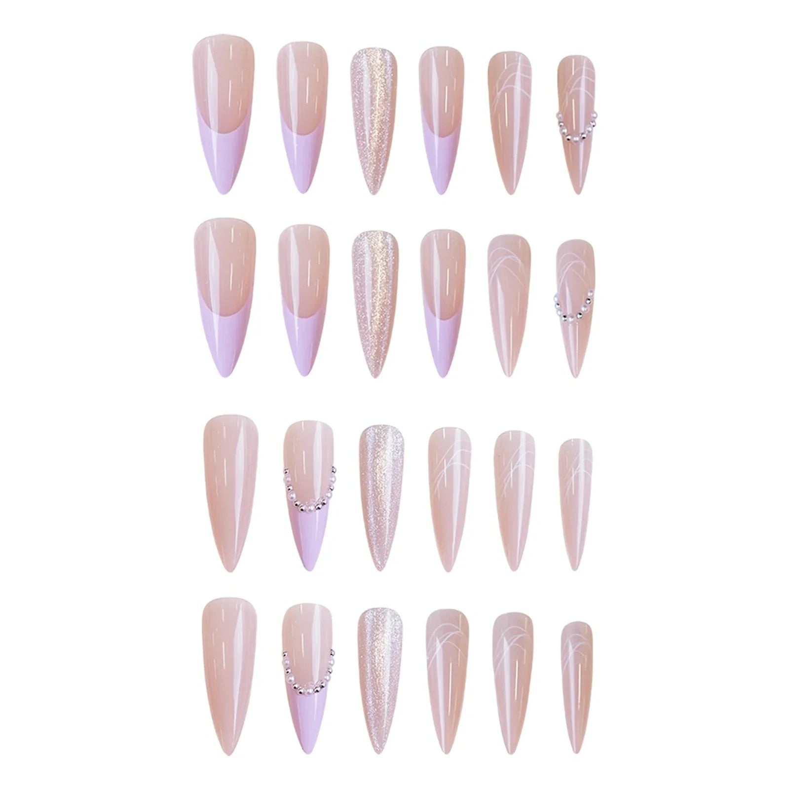 Long Stiletto Fake Nails 24Pcs Purple French Press On Nails Gentle Women Charm Manicure Glossy Cat's Eyes/Beads Decor Nails Art
