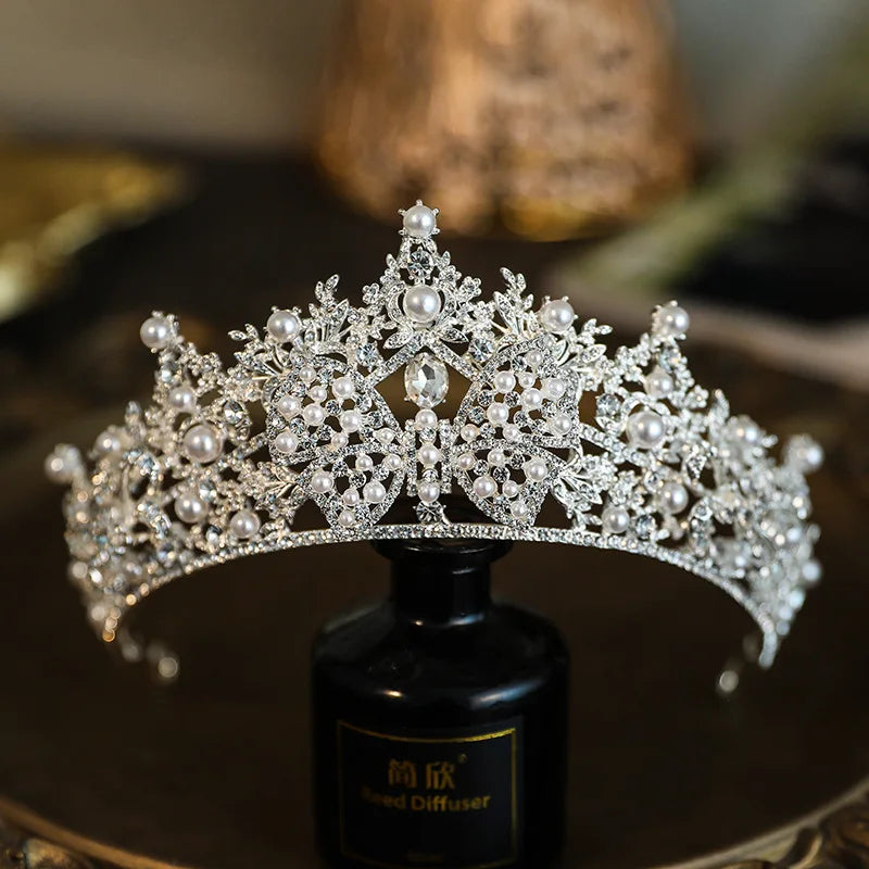 Baroque Luxury Crystal Bridal Tiaras Cubic Zircon Crown Rhinestone Pageant Diadem Headpieces Wedding Hair Accessories Silver pearl 5