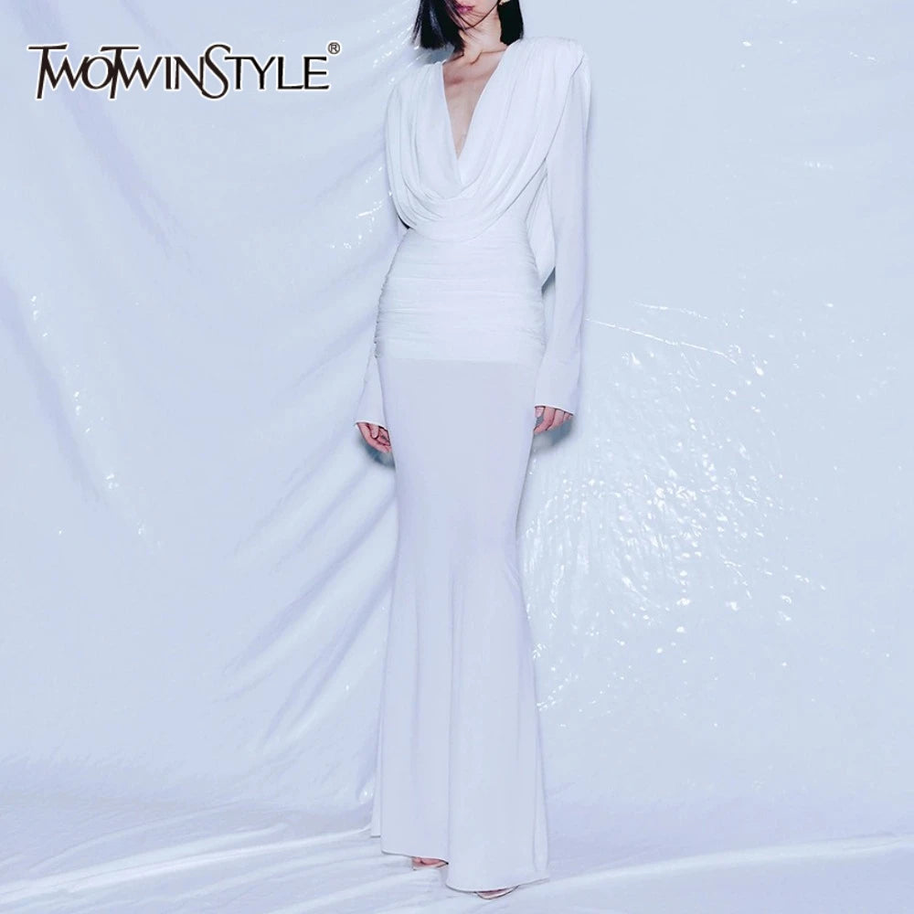 TWOTWINSTYLE Solid Slimming Spliced Folds Minimalist Dresses for Women V Neck Long Sleeves Elegant Evening Dress Female Fashion