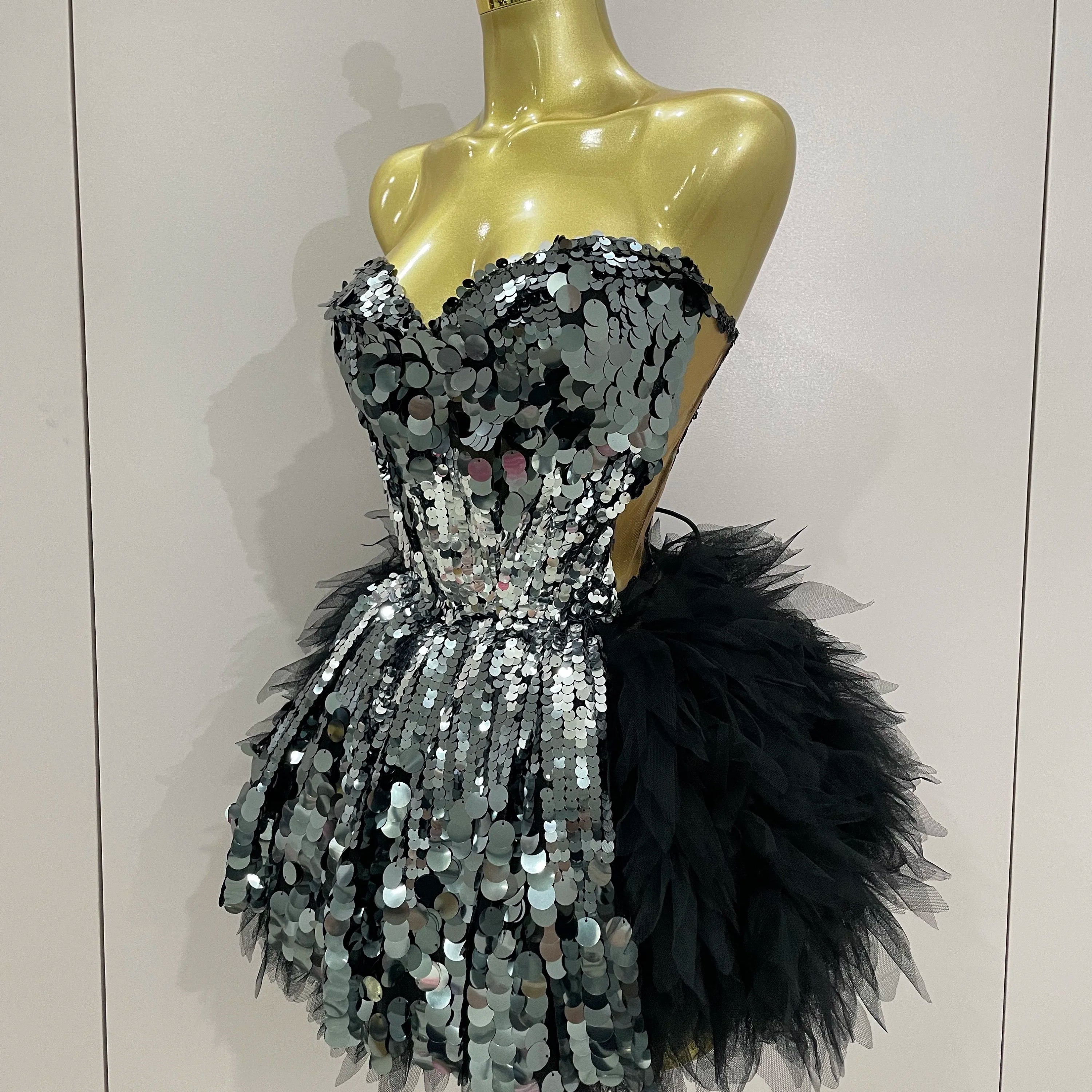 Sparkly Black Sequins Two Pieces Set 2025 Women Party Evening Prom Celebrate Birthday Dress Nightclub Photo Shoot Stage Costume