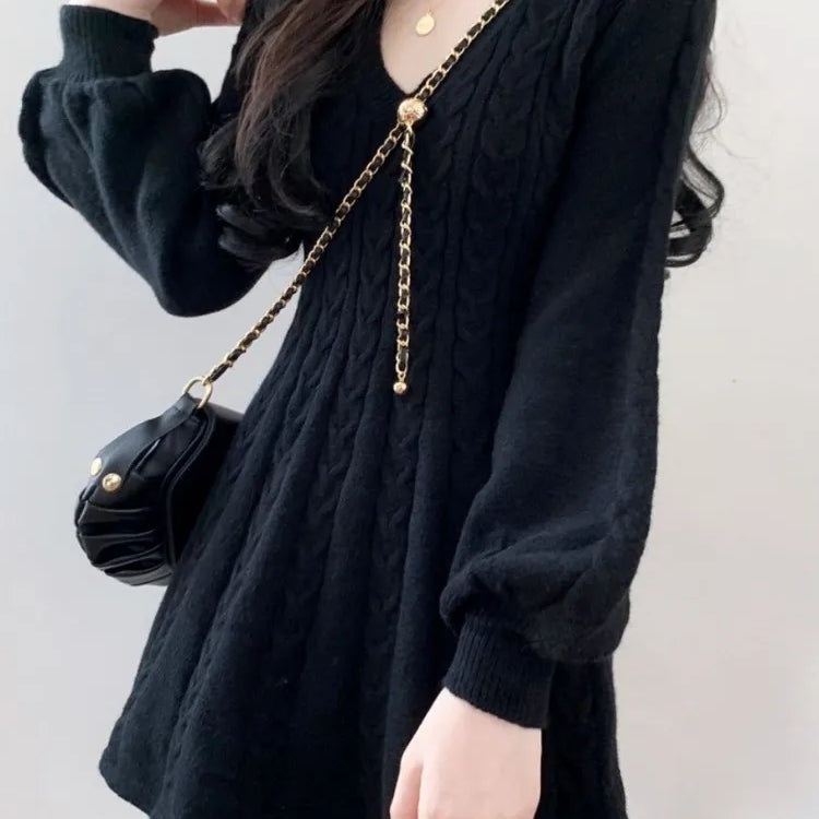 Knit Knitted Sweater Mini Dress Women Casual Lantern Sleeve Short Dresses Autumn Winter V-neck Outfits Female