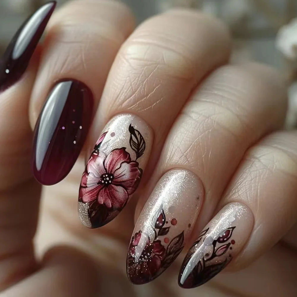 24 unidades/caixa unhas postiças curtas amendoadas com cobertura total, design de flores de jardim, unhas de pressão, arte vestível, manicure colorida para mulheres e meninas