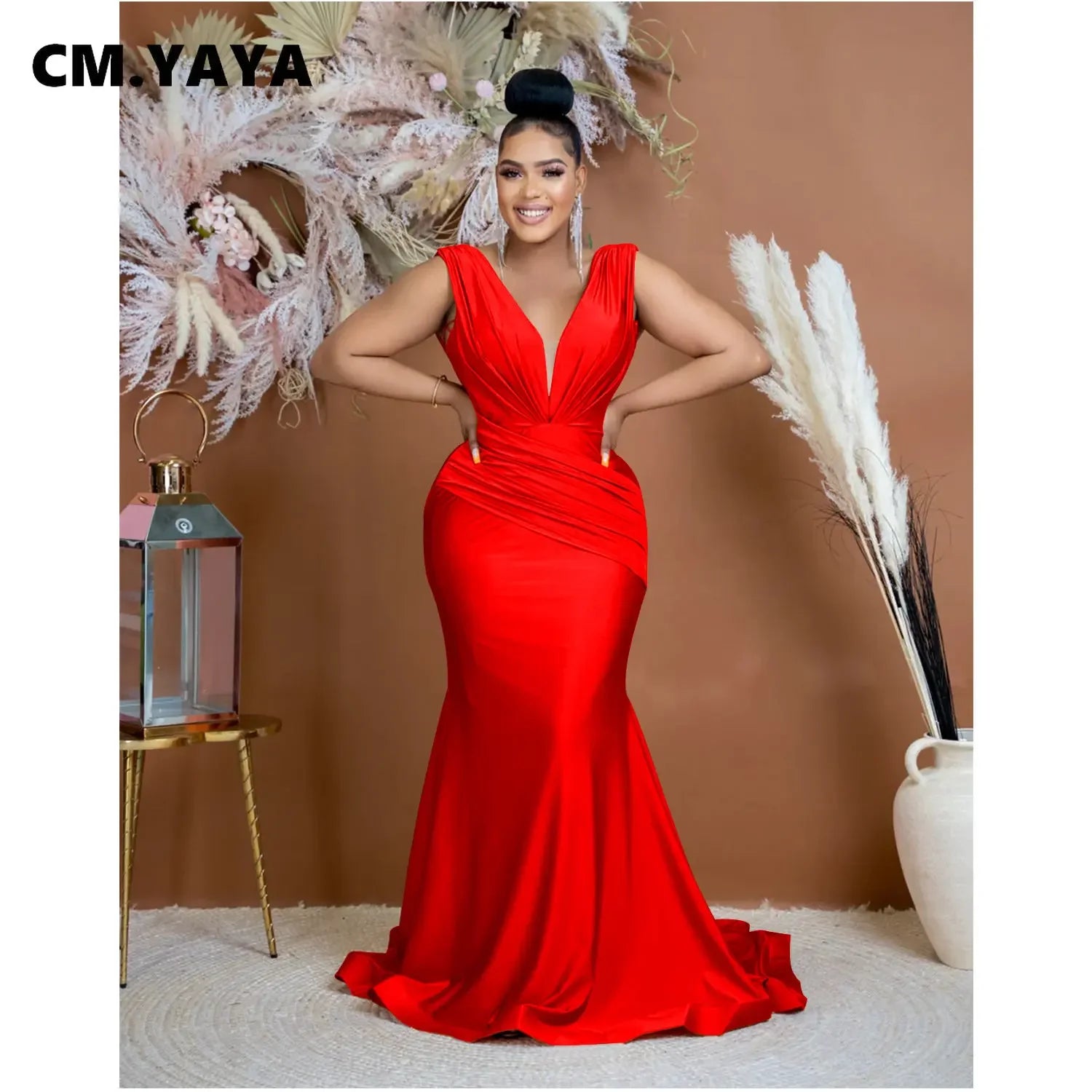 CM.YAYA Women Draped Waist Shoulder Sleeveless Deep V-neck Maxi Long Trumpet Mermaid Dress 2023 Club Sexy Party Evening Dresses