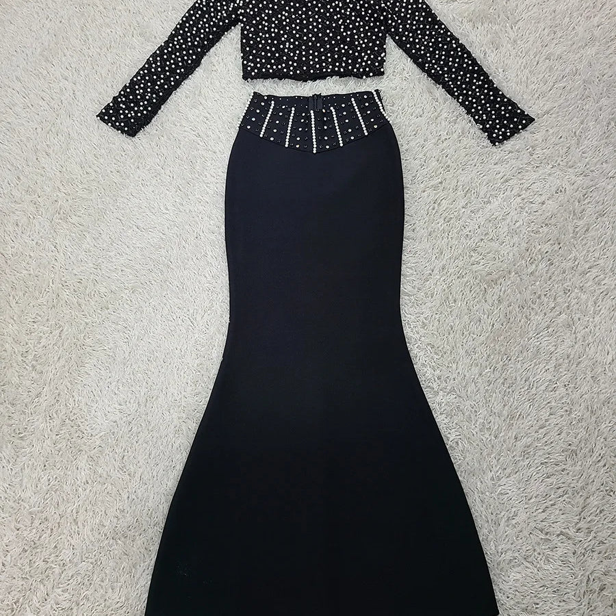 High Quality Women Long Sleeve Sexy Beading Tops 2 Pieces Bodycon Bandage Skirt Set Elegant Evening Party Celebrate Outfit