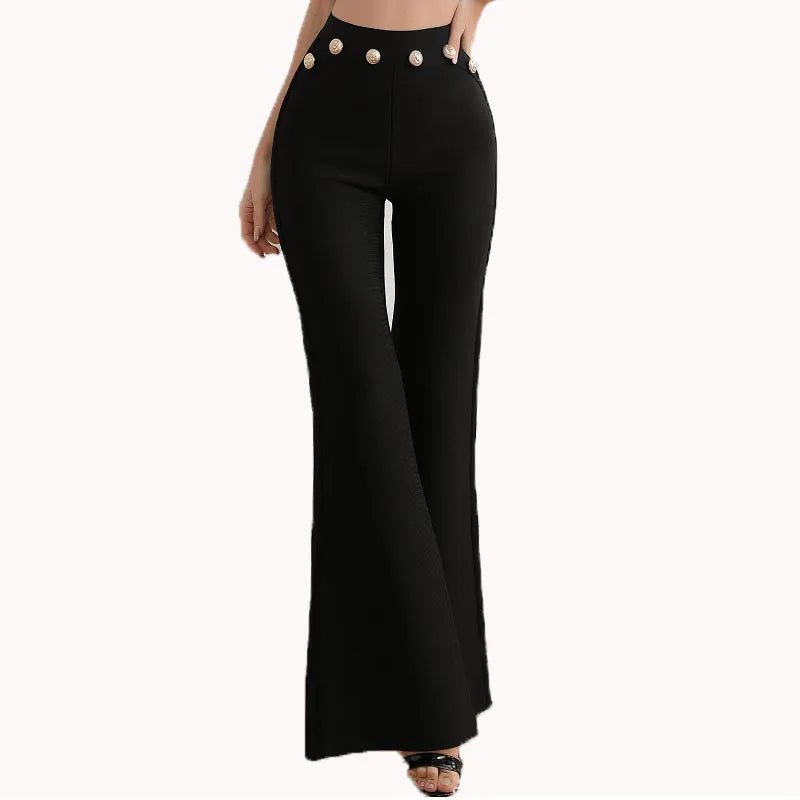 Celana Wanita Musim Gugur Perban Gold Buttle Perban Skinny Black Flared Celana