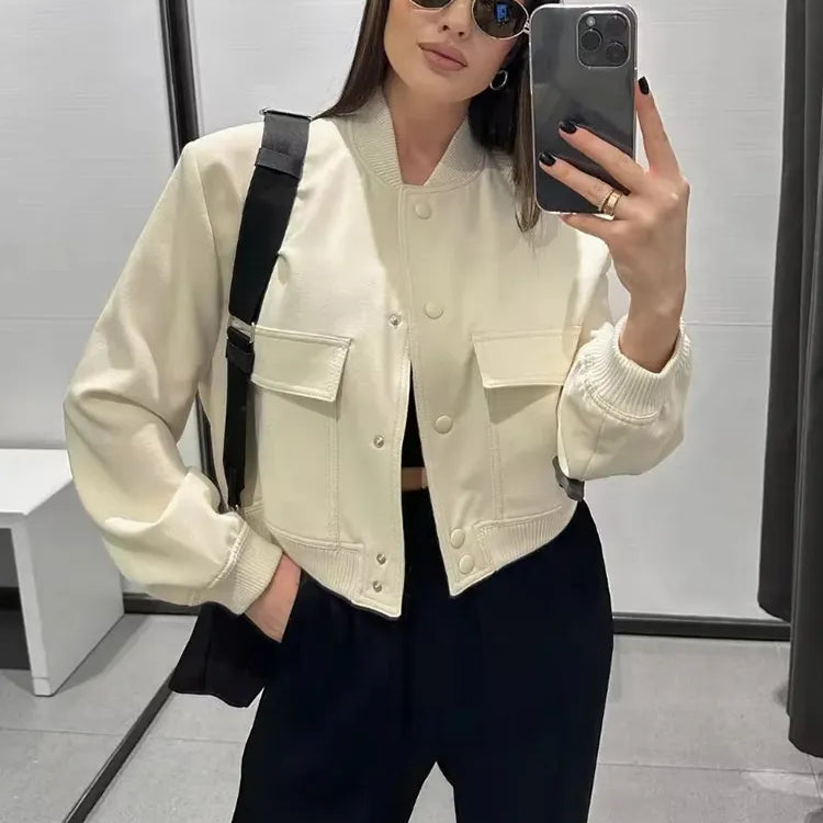 Vintage Solid Long Sleeve Bomber Jacket Spring Women Casual Coats Streetwear Female Elegant Lapel Zipper Jakcet