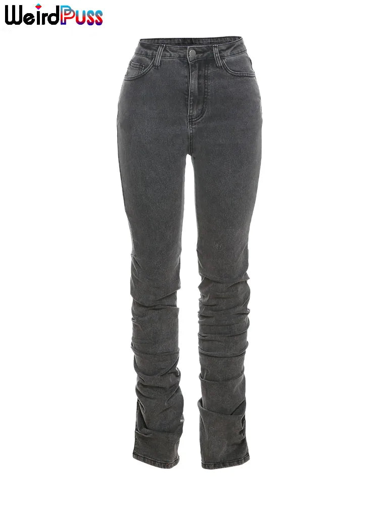 Weird Puss Y2K Stacked High Waist Jeans Women Cotton Split Skinny Denim Pants Autumn Trend Wild Street Casual Stretch Trousers