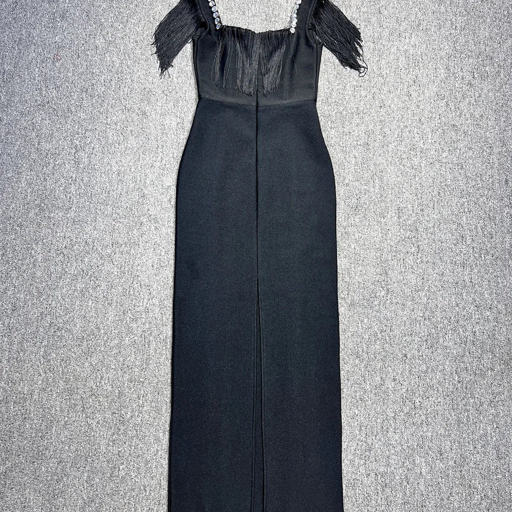 Arrival Women Sleeveless Sexy Square Collar Tassels Bodycon Bandage Long Dress Celebrate Nightclub Evening Party Dress