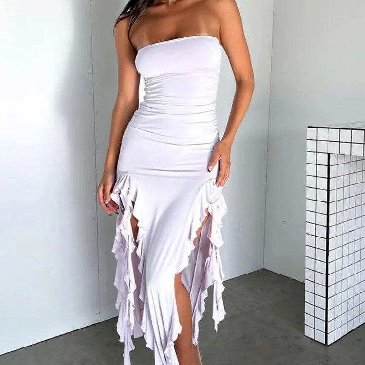Elegant Ruffles Off Shoulder Women Midi Dress Sexy Strapless Off Shoulder Slim Fit Dress Female Beach Holiday Dress Vestido White