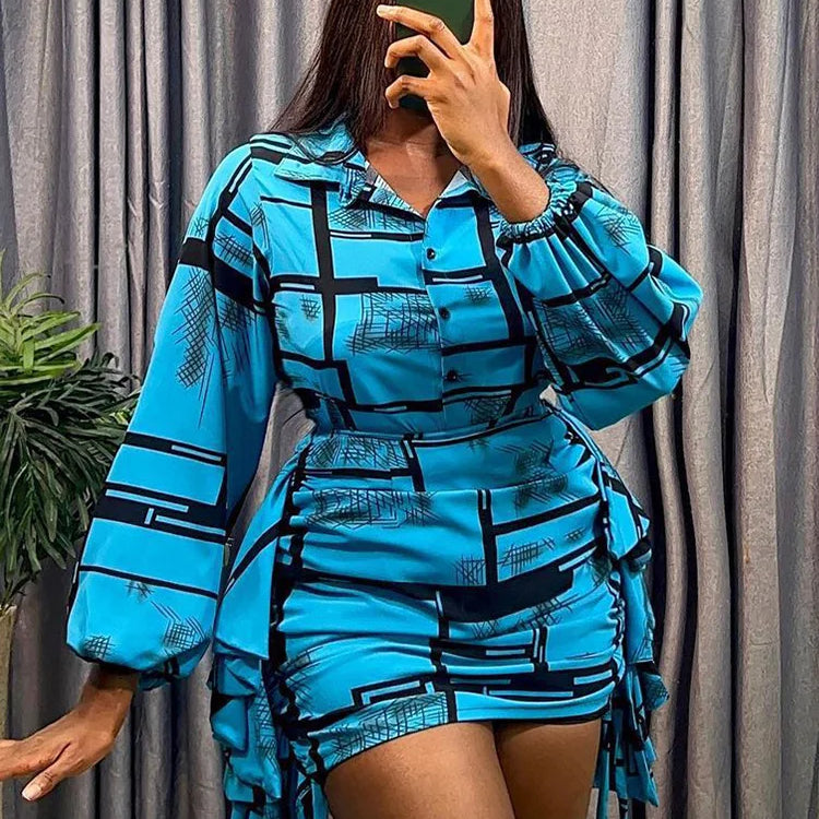 Elegant Striped Printed Ruffles Side Mini Skirts and Long Sleeve Shirt Tops Women Two 2 Piece Sets Birthday Festivals Outfits